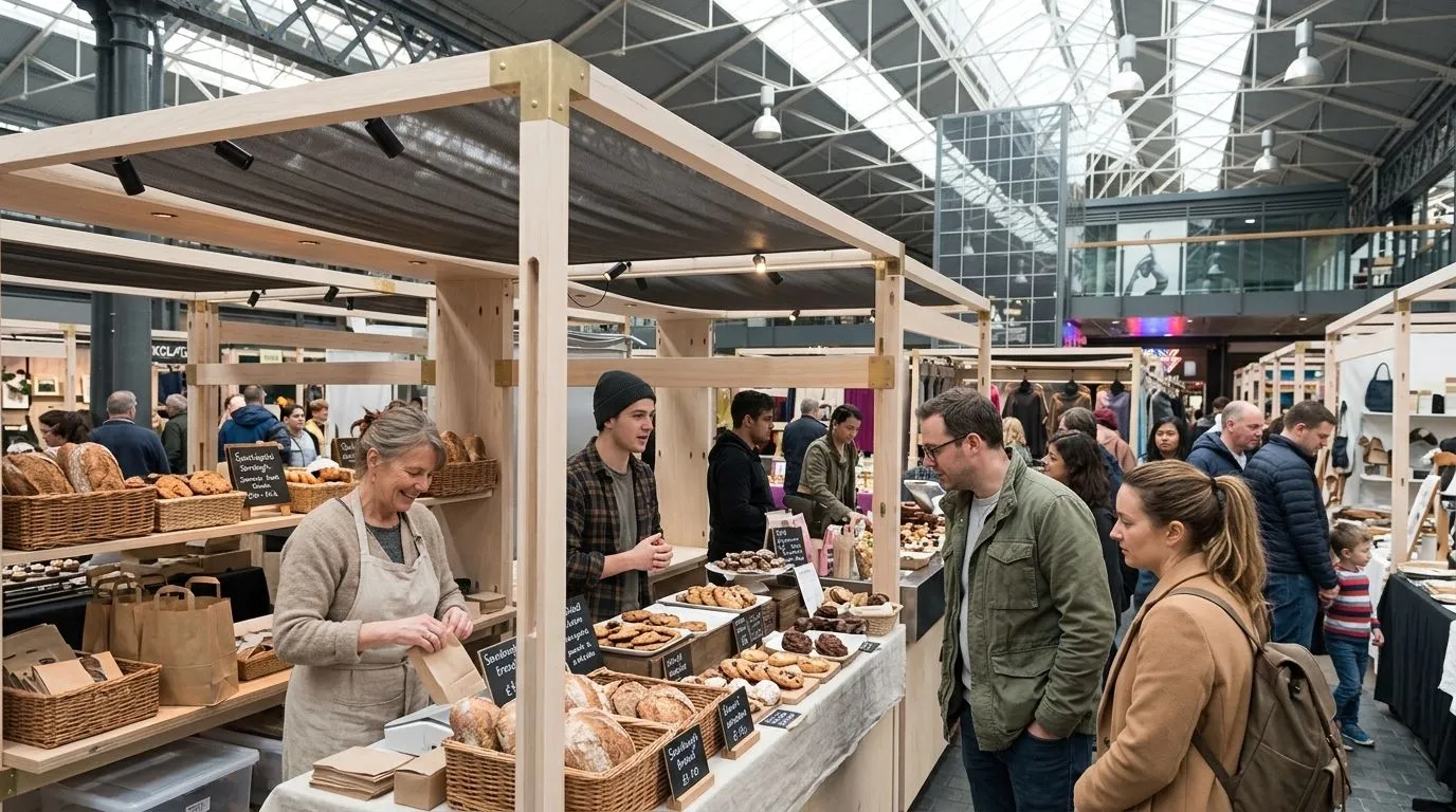 Customers browsing and paying at a busy indoor market stall