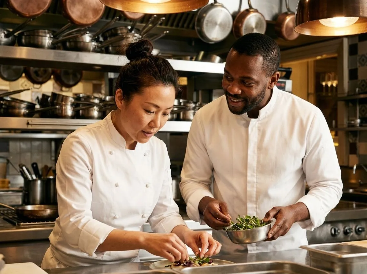 Two chefs preparing food together in a professional kitchen