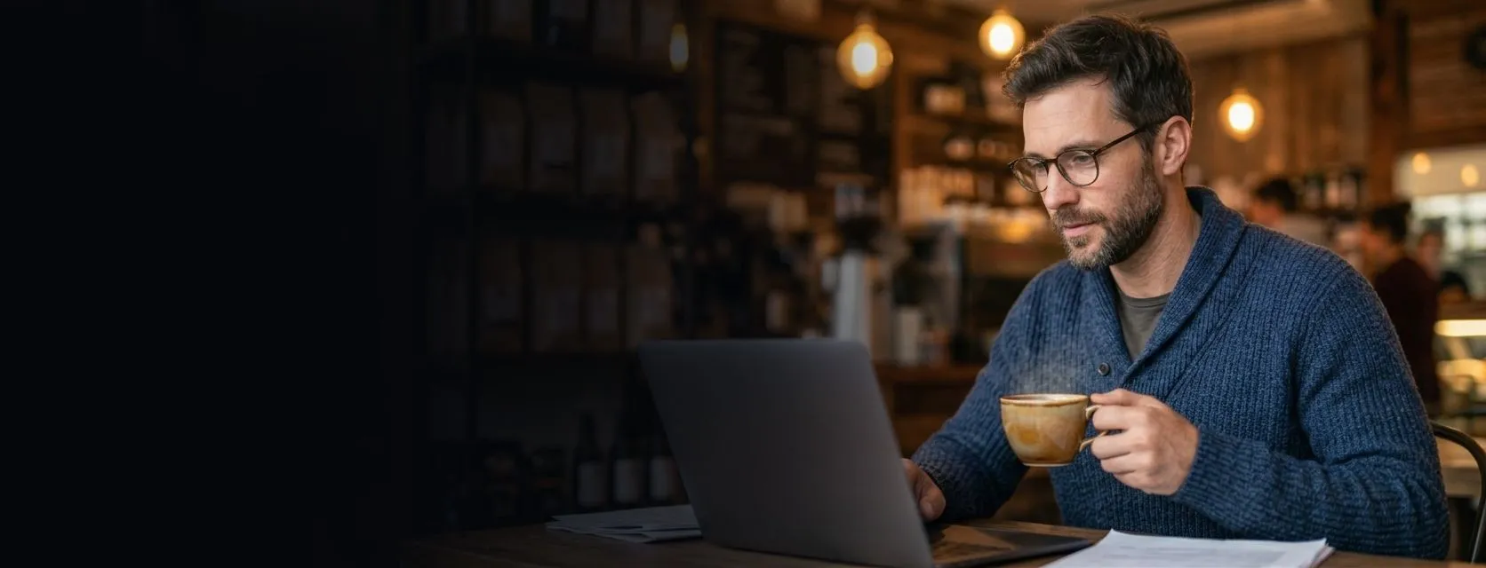 A man drinking coffee while working on a laptop