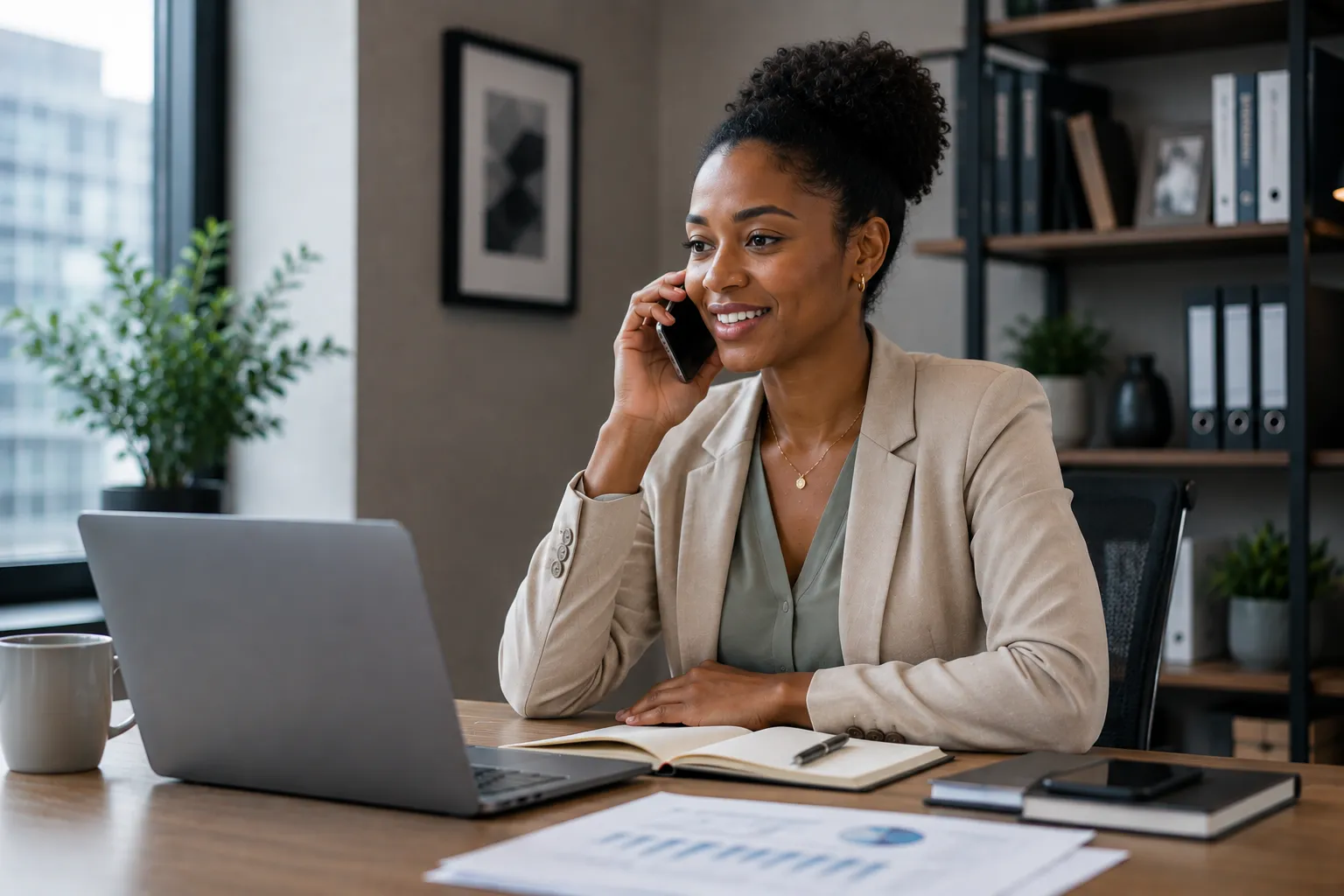 A businesswoman on a phone call at her desk