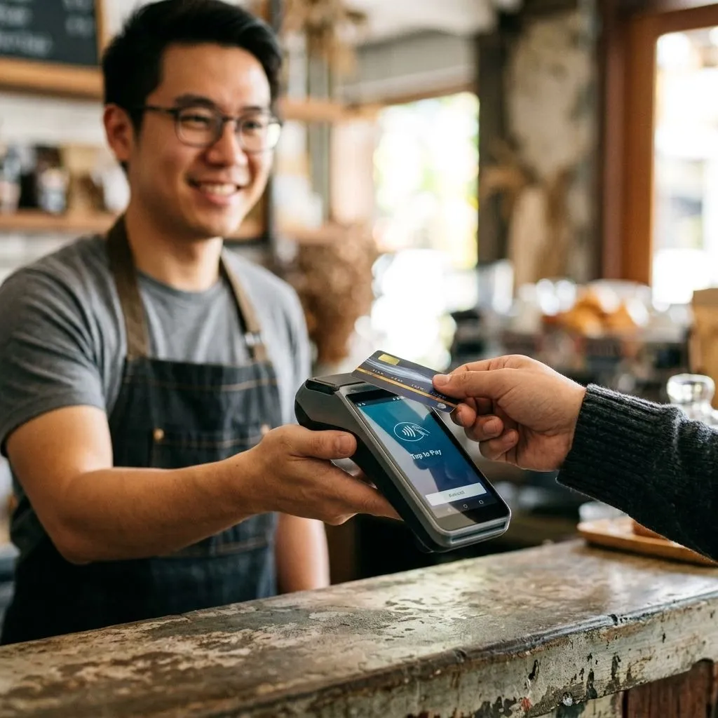 A cafe owner taking a contactless card payment from a customer