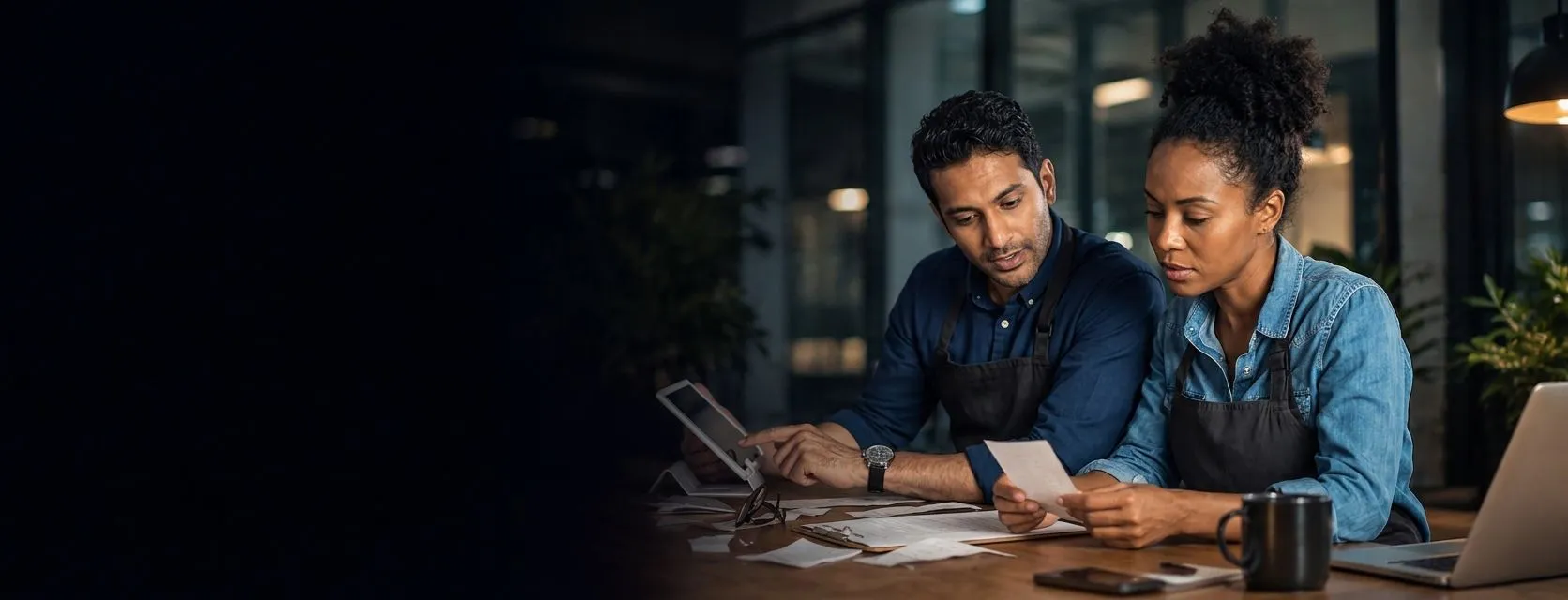 Two colleagues reviewing documents together