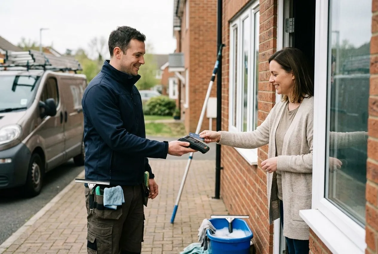 A tradesperson taking a card payment at a customer's front door