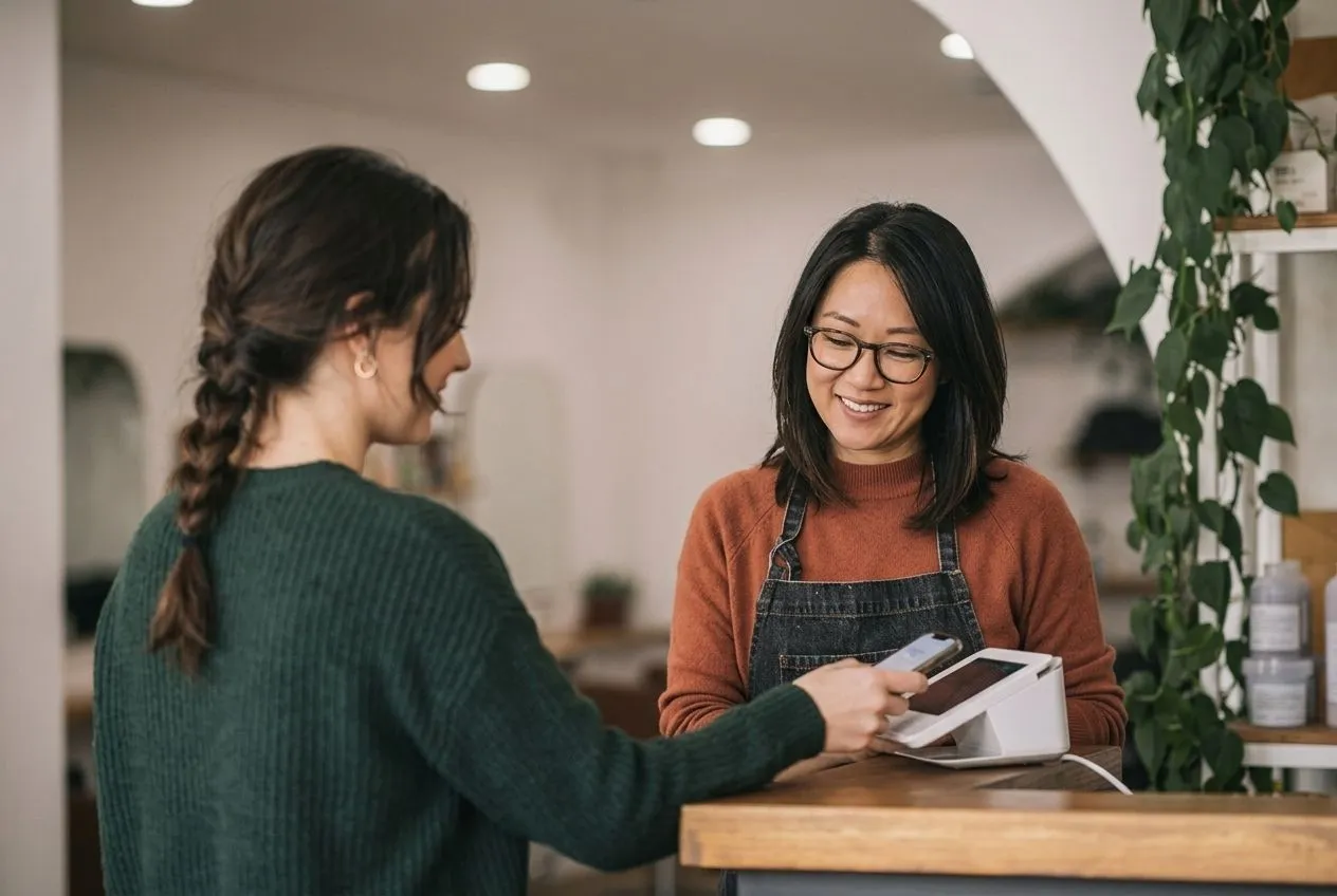 A shop owner taking a contactless card payment from a customer at the counter