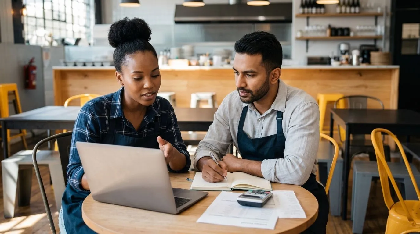 Two cafe owners reviewing figures together on a laptop