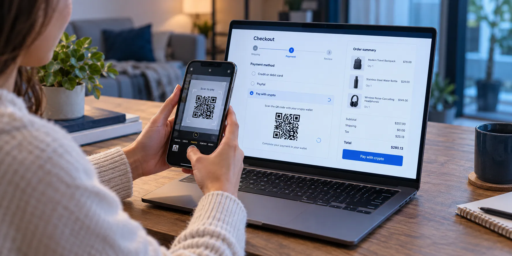 A laptop checkout screen showing a pay-with-crypto QR code being scanned by a phone