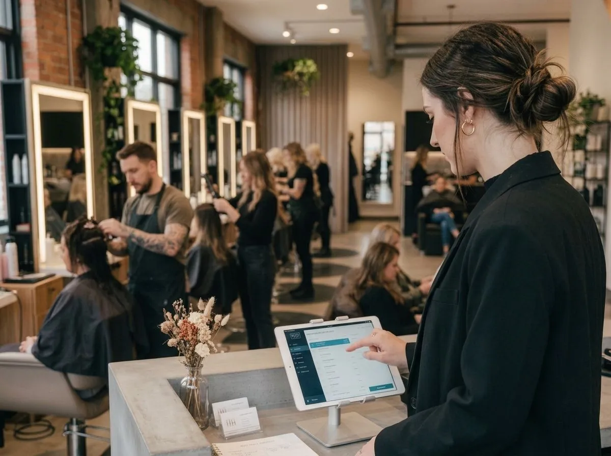 A salon receptionist using a tablet at the front desk