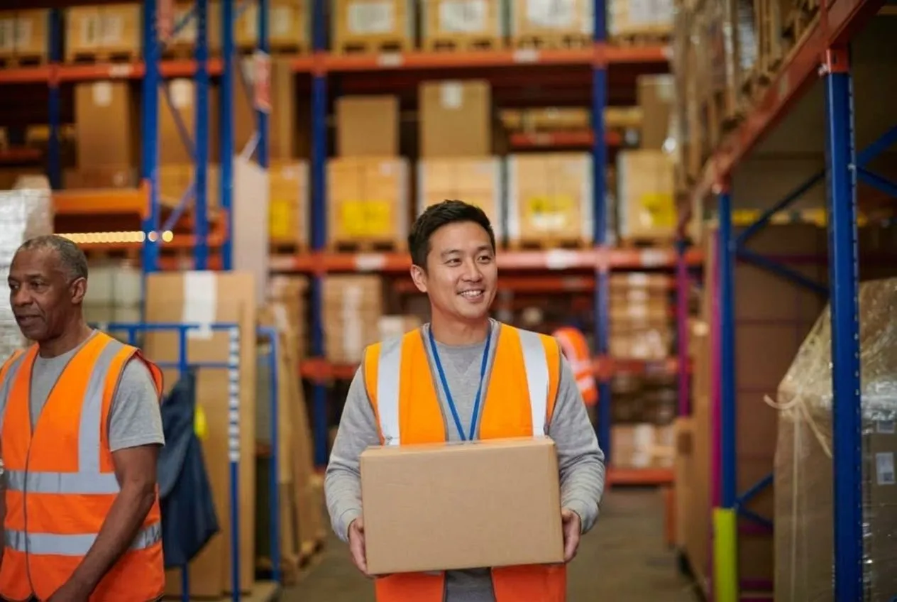 Two warehouse workers carrying a delivery box