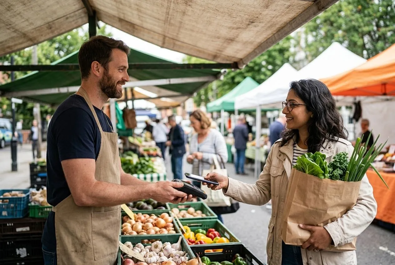 A market trader taking a card payment from a customer