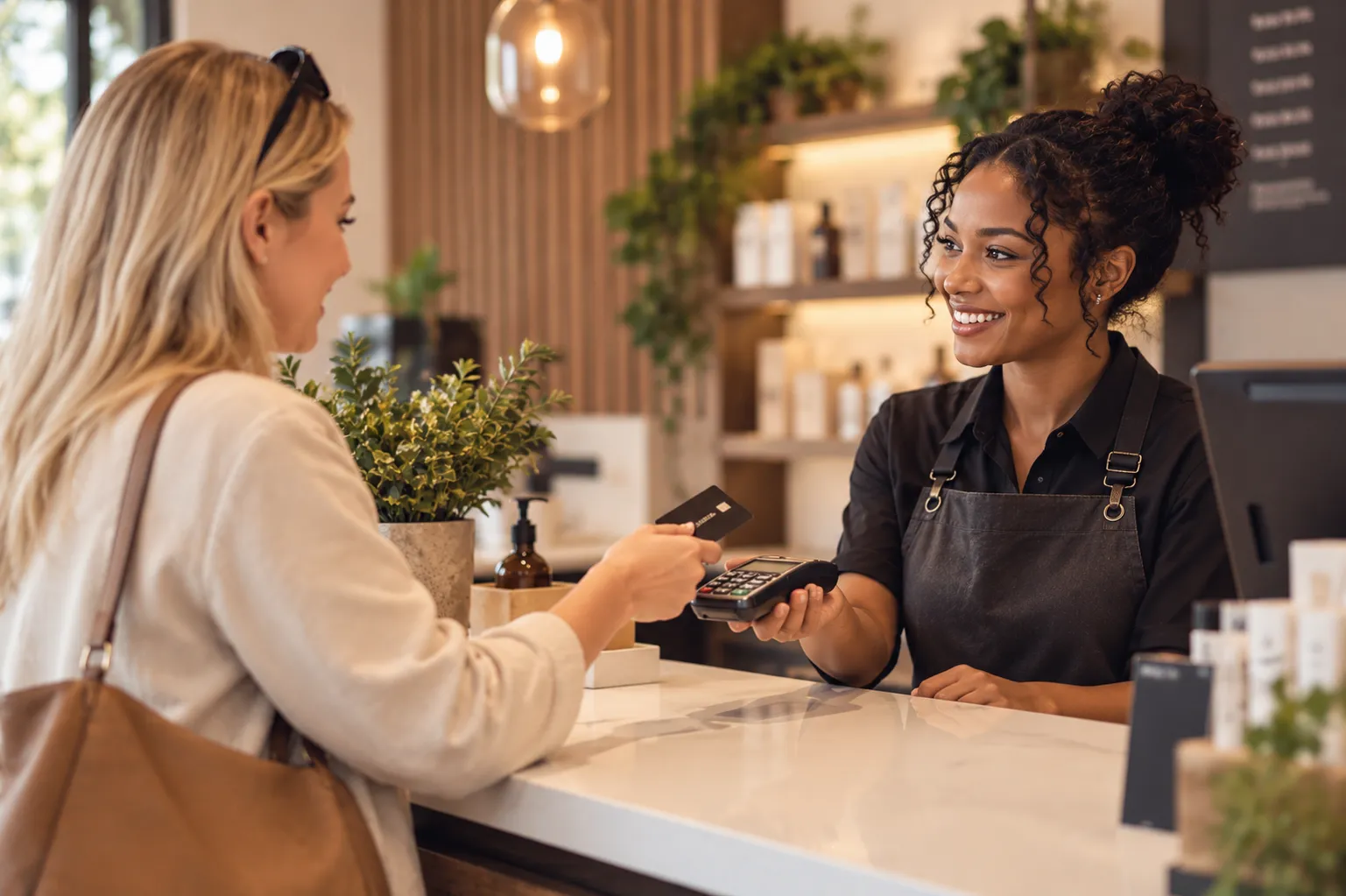 A customer paying with a card machine at a boutique counter