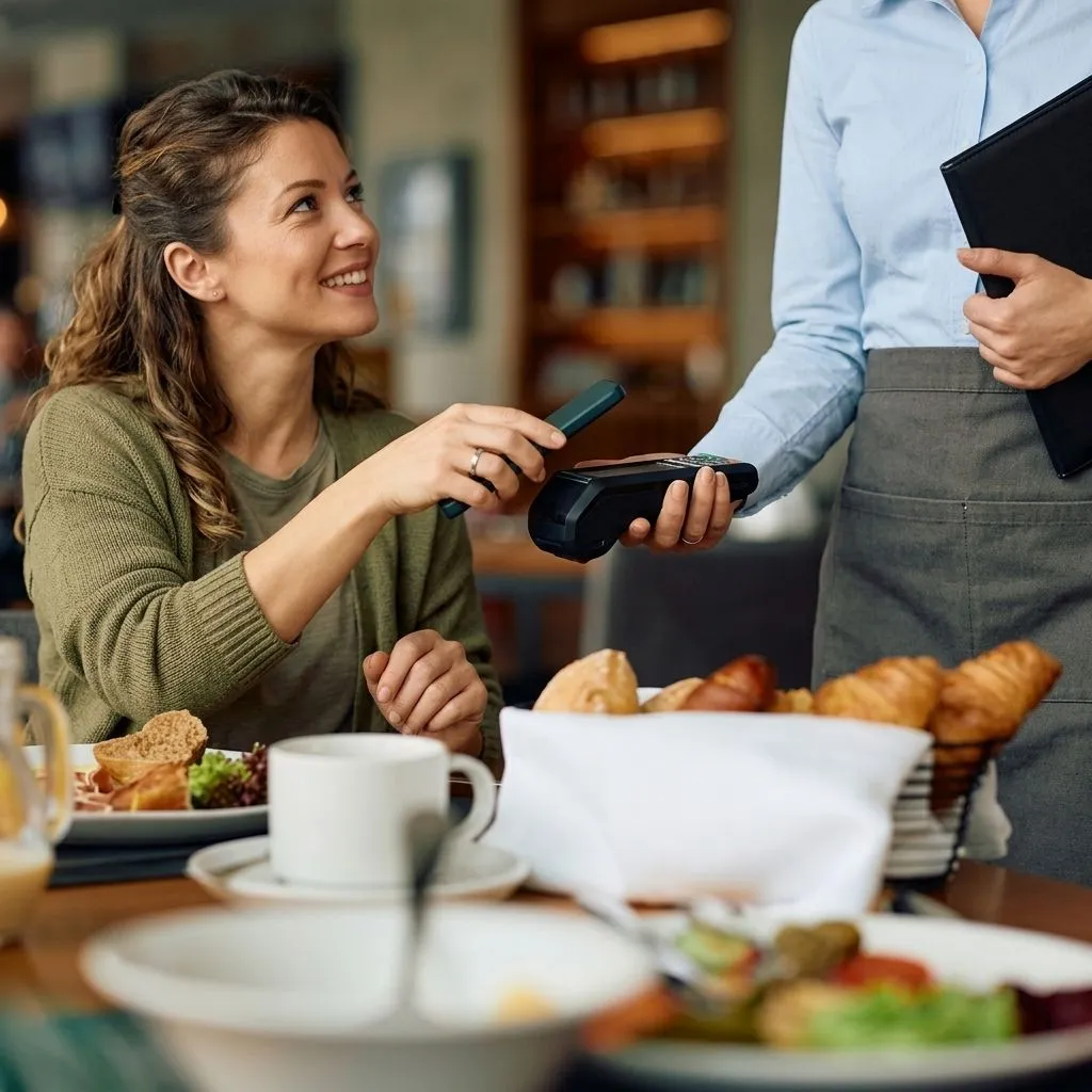 A restaurant customer paying by phone at the table
