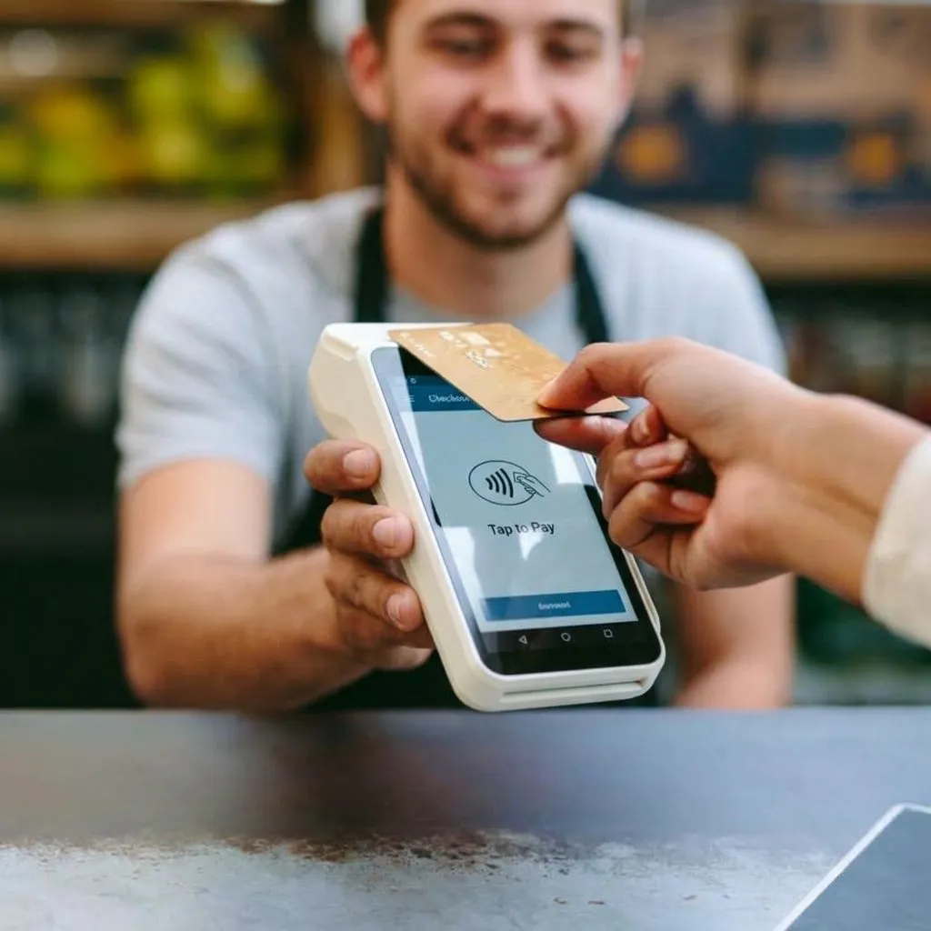 A cafe owner handing over a card machine