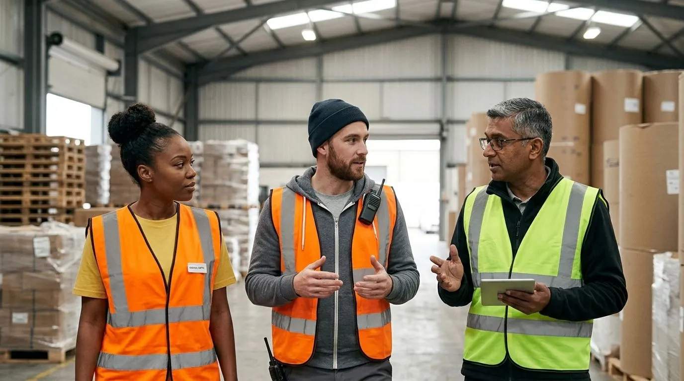 Three warehouse colleagues in hi-vis vests talking together