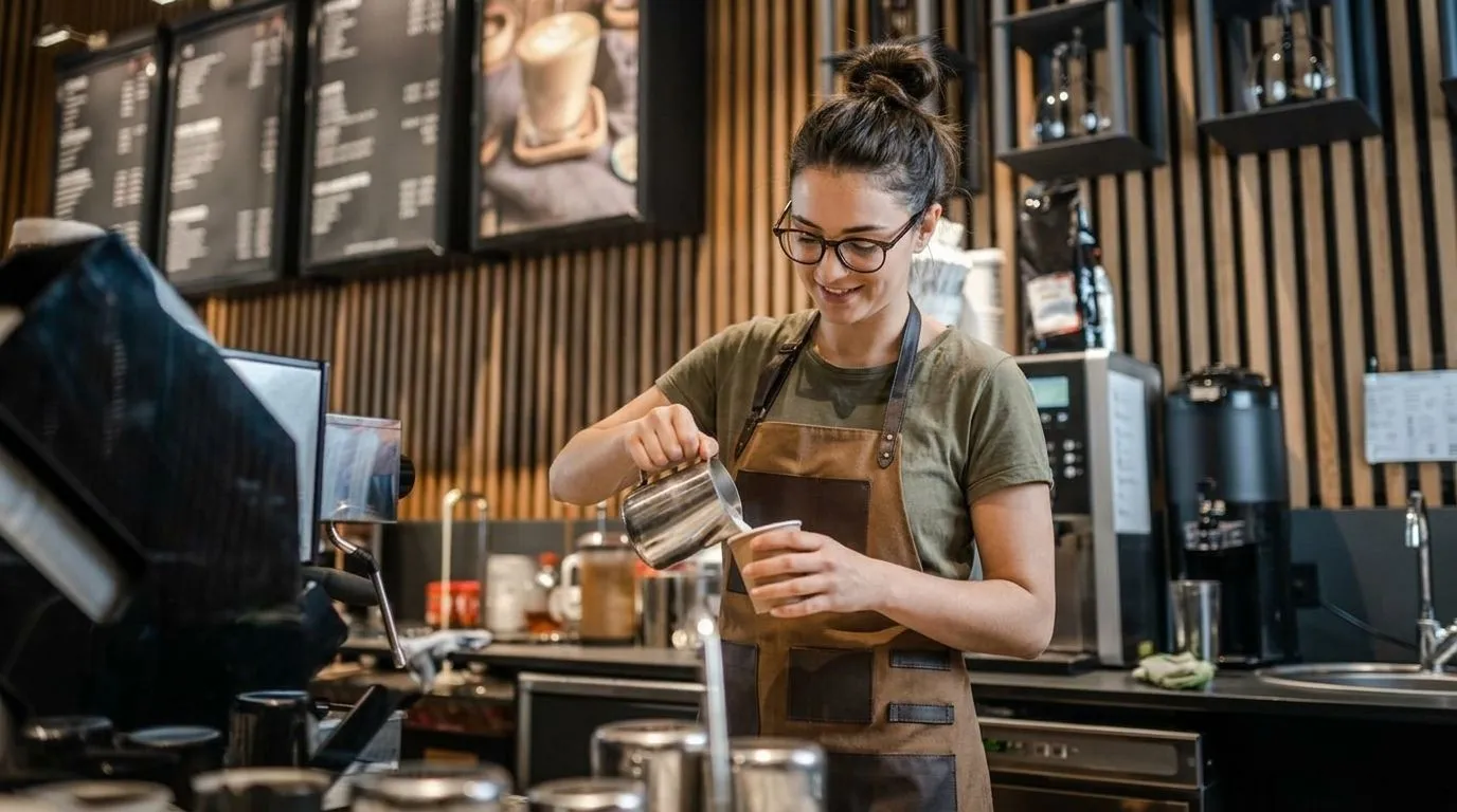 A barista pouring milk while making a coffee