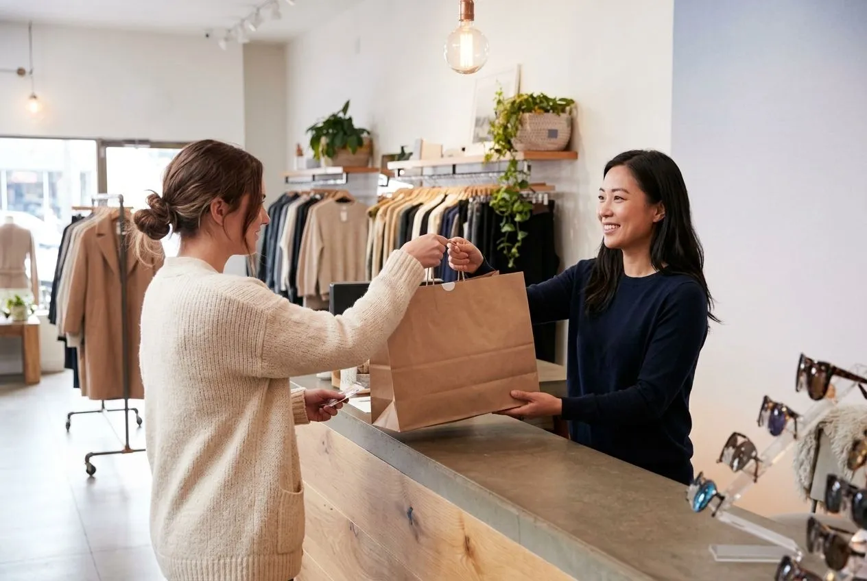 A boutique assistant handing a customer their purchase after taking payment