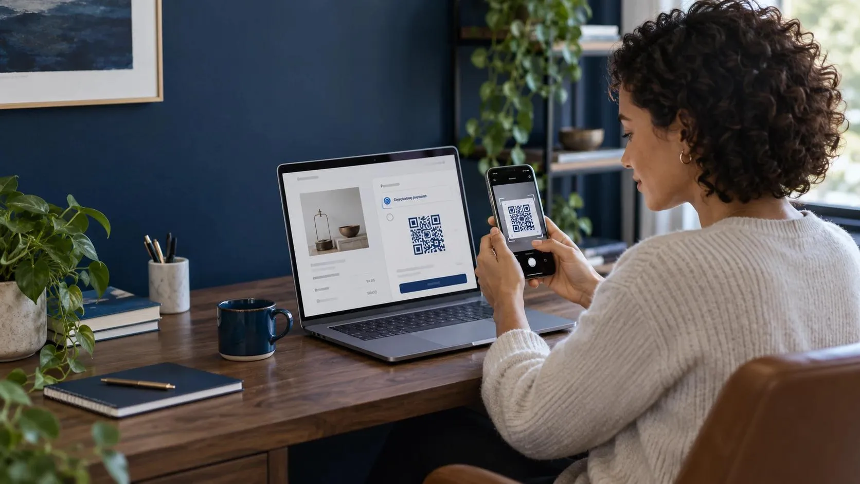 A woman at her desk photographing a laptop checkout's crypto QR code with her phone to pay